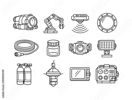 Futuristic underwater research lab: submersible capsule, robotic manipulator arm, sonar mapping device, pressure-resistant viewport, tether cable, sample container, underwater