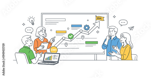 Team reviewing project milestones during a collaborative progress meeting, several coworkers gathered around a large roadmap board with a clear upward arrow path beside a laptop