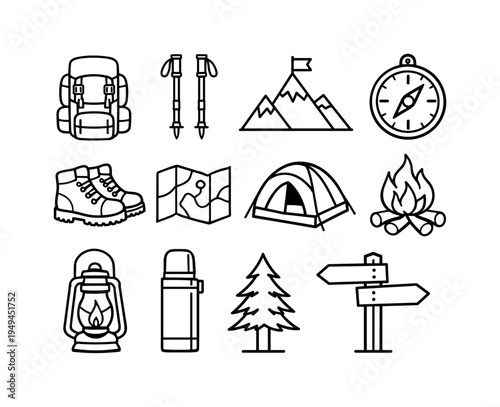 Hiking and outdoor trekking gear: hiking backpack, trekking poles pair, hiking boots, mountain with flag, compass navigation tool, folded map, camping tent, campfire flames