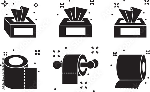 Hygiene Icons: A set of black and white vector icons representing essential hygiene products, including tissue boxes and toilet paper rolls, suitable for a range of applications.