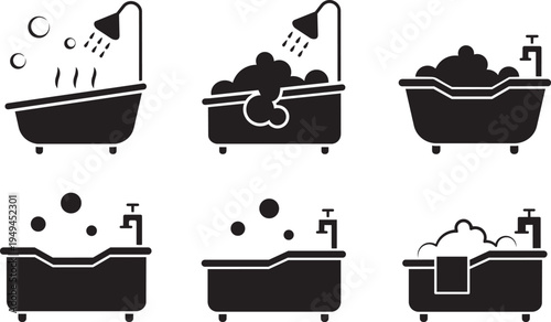 Bath Time Rituals: A collection of stylized illustrations portrays various stages of a relaxing bath. Depicting a shower, bubbles, and luxurious foam.