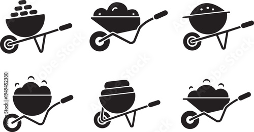 Wheelbarrow Collection: a diverse collection of illustrative wheelbarrows, each showcasing a unique load of construction materials, symbolizes the building blocks of progress and labor.