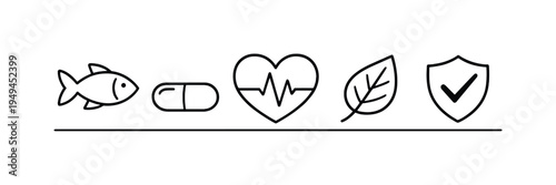 Omega fatty acid nutrition and dietary supplementation supporting cardiovascular wellness cognitive function and balanced daily nutrition habits, fish, capsule pill, heart, leaf