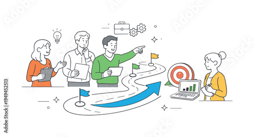 Professionals coordinating priorities during a strategic planning meeting, several coworkers gathered around a large roadmap path leading to a target placed beside a laptop while a
