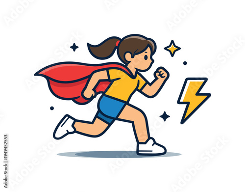 Personal growth and empowerment concept centered on bravery and taking action toward goals, a determined running girl with a cape paired with a small lightning symbol forming a