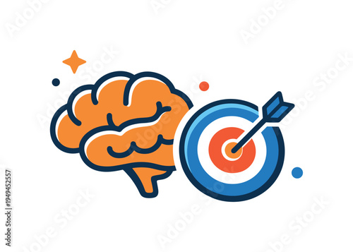 Personal productivity focus and effective concentration during important work sessions requiring clear thinking and attention, a simple brain icon paired with a small target