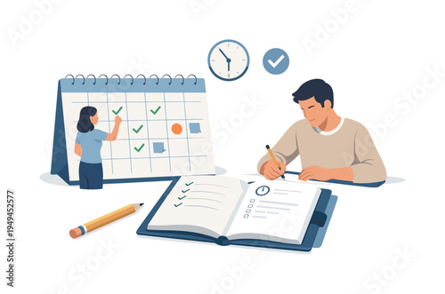 A modern planning workflow scene representing organized scheduling and effective daily routine management, represented with a calendar page, a notebook, and a pencil placed in a