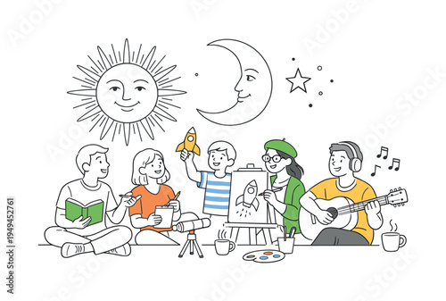 A retro inspired illustration concept where artists explore vintage celestial symbols and develop decorative graphics influenced by classic design traditions, visual metaphor of a