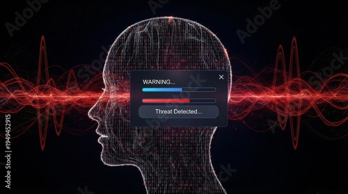 Digital human head profile with a 'WARNING: Threat Detected' pop-up window and red sound waves, symbolizing mental health, stress, or cybersecurity issues.