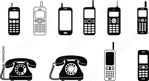 Collection of vintage and modern telephone icons set, rotary landline and mobile phone silhouettes, vector communication devices for technology design.