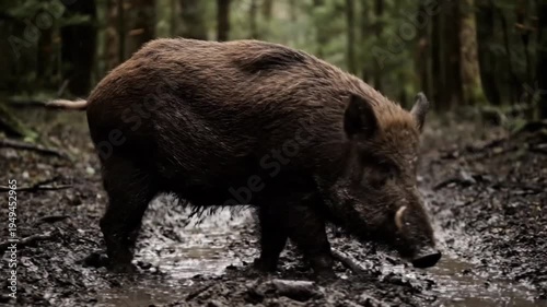 Solitary wild boar with coarse brown fur wades through deep dark mud on a forest floor pathway.