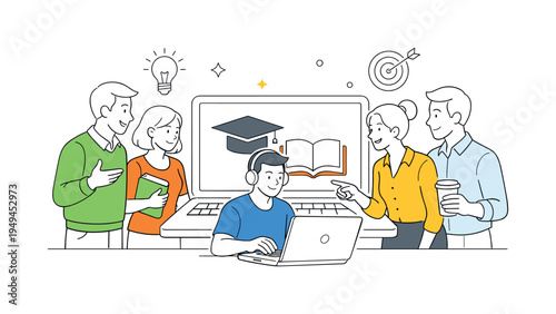 Employees learning new digital skills during an online education session, several people gathered around a large laptop displaying a simple graduation cap icon and an open book