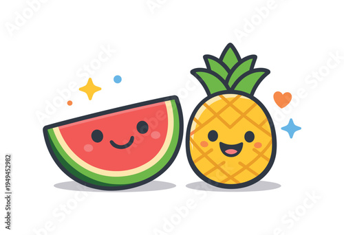 Fresh fruit snacks and natural food enjoyment centered on colorful produce and simple happiness, a smiling watermelon slice paired with a cheerful pineapple character forming a