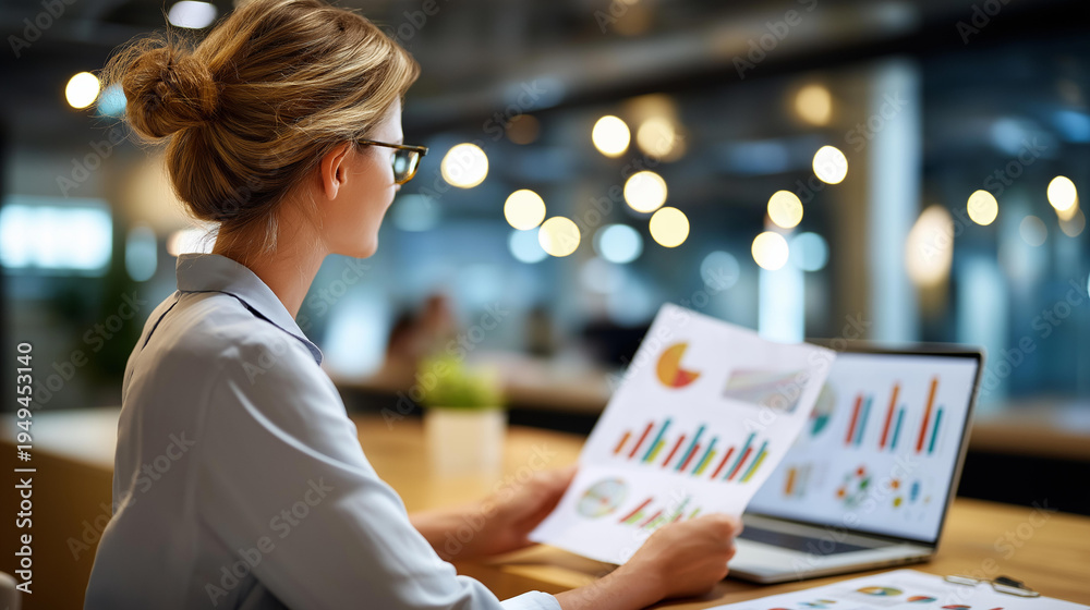Fototapeta premium Wide bright office scene of a faceless businesswoman from behind at a bright desk reviewing printed financial report pages showing vivid bar graphs pie charts and figures beside