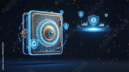 Digital safe box with glowing blue security interface and financial data protection icons on a dark background, representing secure online banking and data storage.