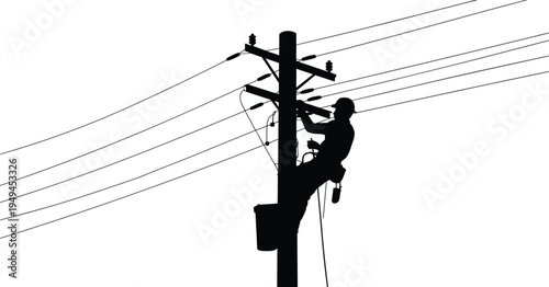 Electrical lineman silhouette climbing utility pole to repair power lines for energy infrastructure maintenance and high voltage electricity network service