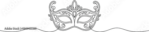 Elegant carnival masquerade mask continuous line drawing vector, minimalist Venetian party face wear illustration, festive masquerade ball decorative contour art.
