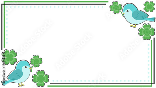 幸せを運ぶ青い鳥と四つ葉のクローバーのフレーム 16:9サイズの背景ベクター素材／Blue bird of happiness and four-leaf clover frame, 16:9 background vector