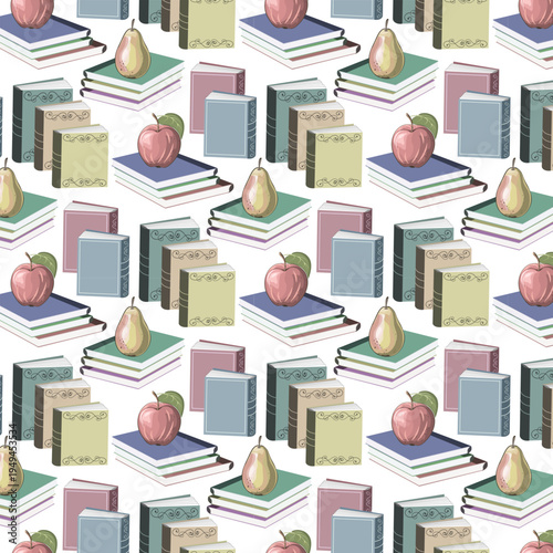 Multicolored books and fruits on a white background.Vector pattern with pears and apples on colorful books on a transparent background.