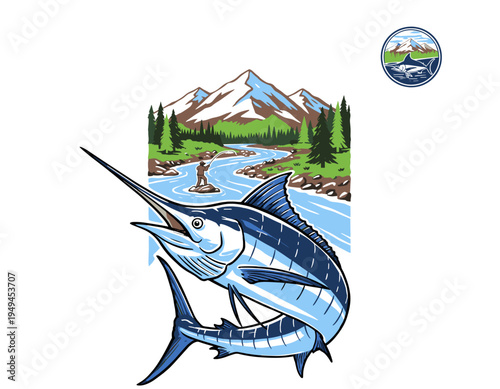 Forest camp artwork. Summer Adventure at the mountain graphic artwork for t shirt and others. Forest explore design. Mountain with tree vintage print