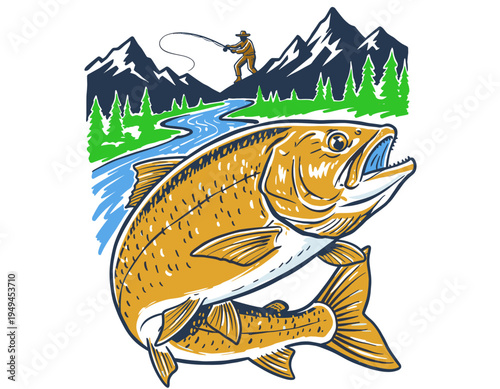 Fishing club badge. Outdoor adventure vintage print design. Mountain river and trout graphic for t shirt, poster, sticker, background and decor.