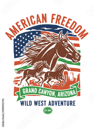 American Freedom Wild West Horse Adventure Vintage Graphic Design for T-Shirt Print, Poster, Sticker, Apparel and Souvenirs