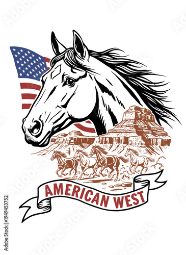 American West vintage graphic design for t-shirt print, sticker, poster, featuring wild horses, canyon landscape and flag elements.