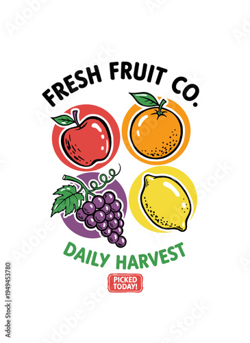 Eat well live well. Apple, orange, grape, and lemon local farm. Colorful fruit vintage t-shirt design. Organic orchard. Fruit artwork for print.