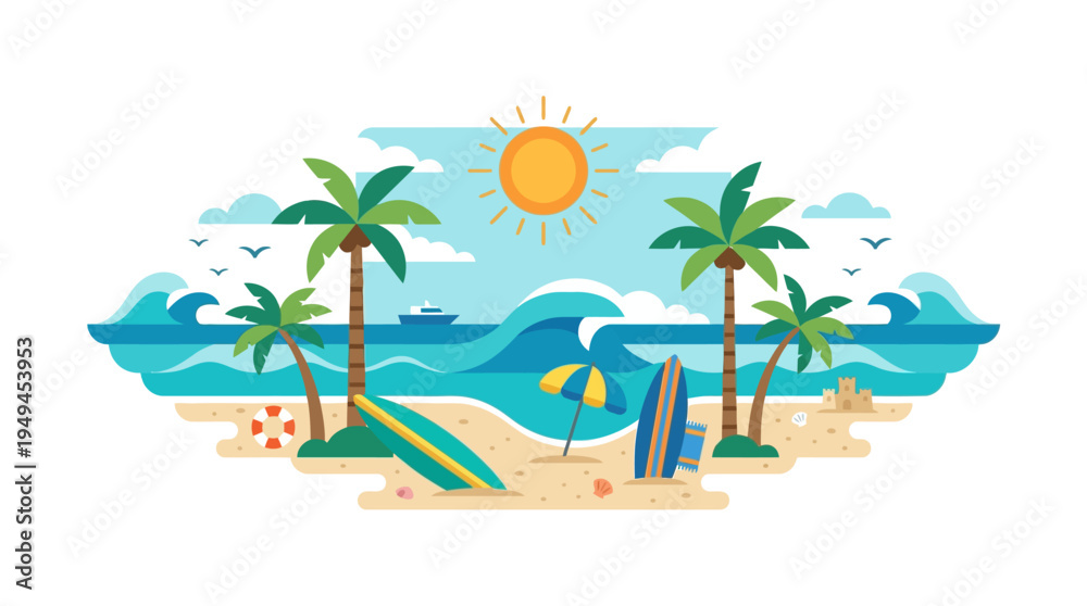 Fototapeta premium Beach Scene With Palm Trees.
