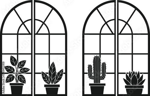 Arched window with indoor potted plants silhouette, houseplants on windowsill, cactus and leafy plants minimalist vector home interior decoration illustration