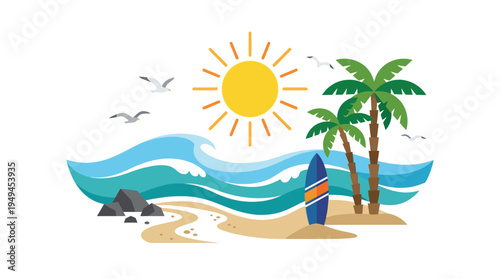 Beach scene with palm trees.