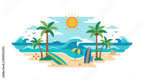 Beach Scene With Palm Trees.