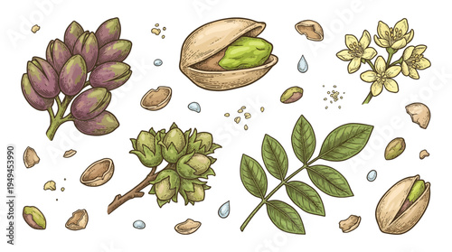 Vintage Hand-Drawn Botanical Pistachio Nut Vector Illustration Set with Kernels, Leaves, and Flowers in Engraving Style for Organic Food Packaging and Design