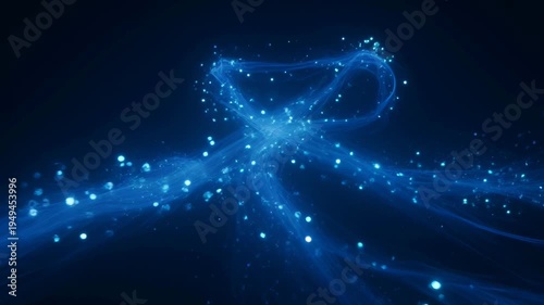 Abstract blue light trails and shimmering particles floating in dark space