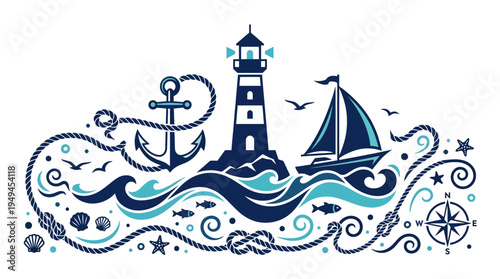Nautical lighthouse with sailboat anchor.