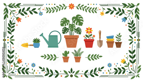 Potted Plants and Gardening Tools.