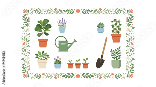 Potted plants and gardening tools.