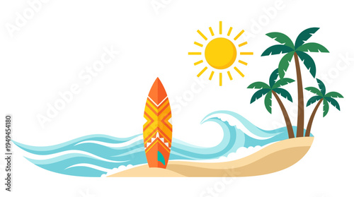 Surfboard on Tropical Beach Island.