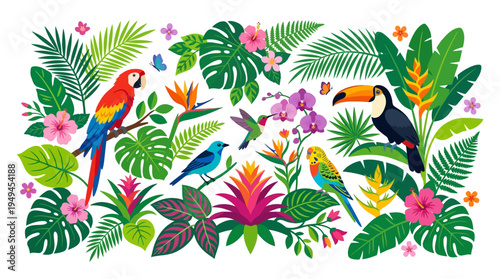 Tropical birds and colorful flowers.
