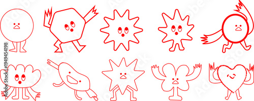 A collection of ten unique red line art doodle characters with various geometric abstract shapes