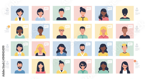 Diverse group of people in a video conference call grid, online meeting, remote work