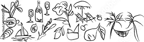 A collection of hand-drawn minimalist summer vacation icons arranged in a horizontal composition