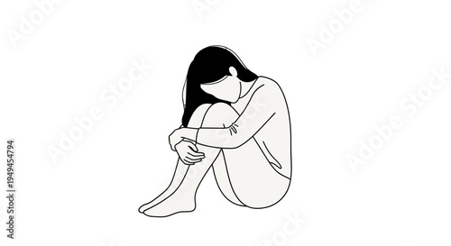 Minimalist line art illustration of a person sitting in a fetal position, head down, conveying feelings of sadness, loneliness, and introspection.