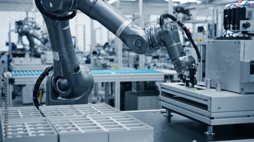 A sophisticated robotic arm is precisely operating on an advanced automated assembly line, demonstrating efficiency and innovation in modern factory manufacturing.