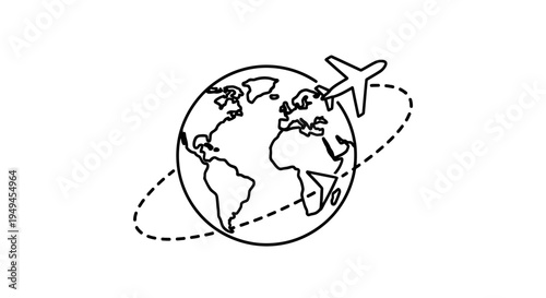A simple line art illustration depicting an airplane circling the Earth globe, symbolizing global travel and international flights.