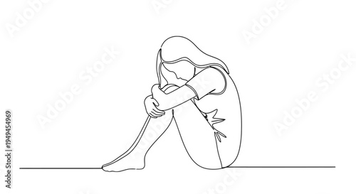 Continuous line drawing of a sad woman sitting alone, hugging her knees in a fetal position, expressing despair and loneliness.