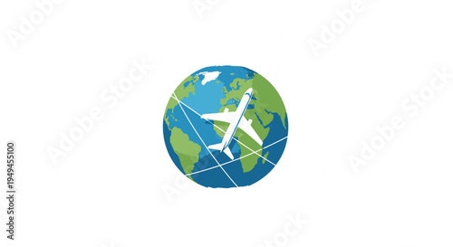 An illustration of a white airplane flying around a blue and green globe, symbolizing international travel and global connectivity.