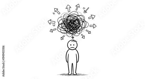 A simple stick figure person with a sad expression and a tangled, scribbled mess above their head, representing confusion, stress, and overthinking with arrows pointing in multiple directions.