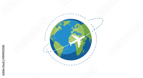 An illustration of a white airplane flying around a blue and green Earth globe, symbolizing global travel and international journeys.