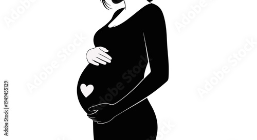Elegant black silhouette of a pregnant woman gently cradling her baby bump with a small white heart, symbolizing love and motherhood.